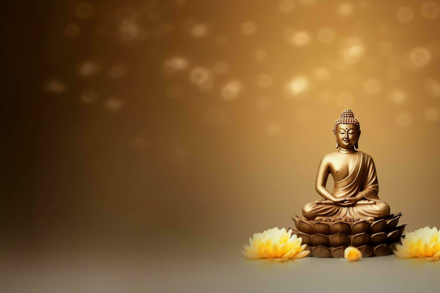 A buddha sits in in vesak buddha purnima day with copy space. Background for vesak festival day concept. Vesak celebration day greetings concept by AI Generated photo