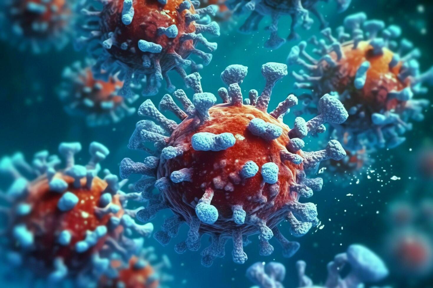 3D render of a medical with virus cells bacteria. Multiple realistic coronavirus particles floating concept by AI Generated photo