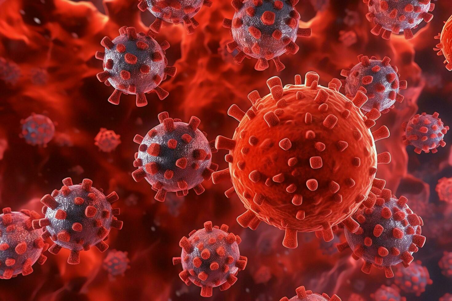 3D render of a medical with virus cells bacteria. Multiple realistic coronavirus particles floating concept by AI Generated photo