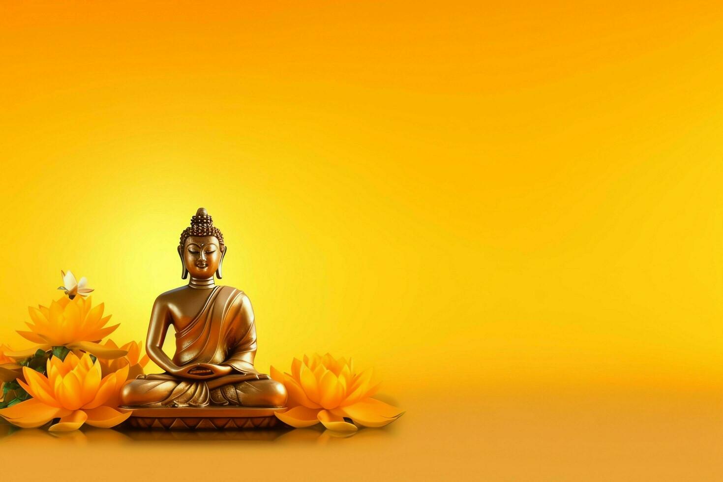 A buddha sits in in vesak buddha purnima day with copy space. Background for vesak festival day concept. Vesak celebration day greetings concept by AI Generated photo