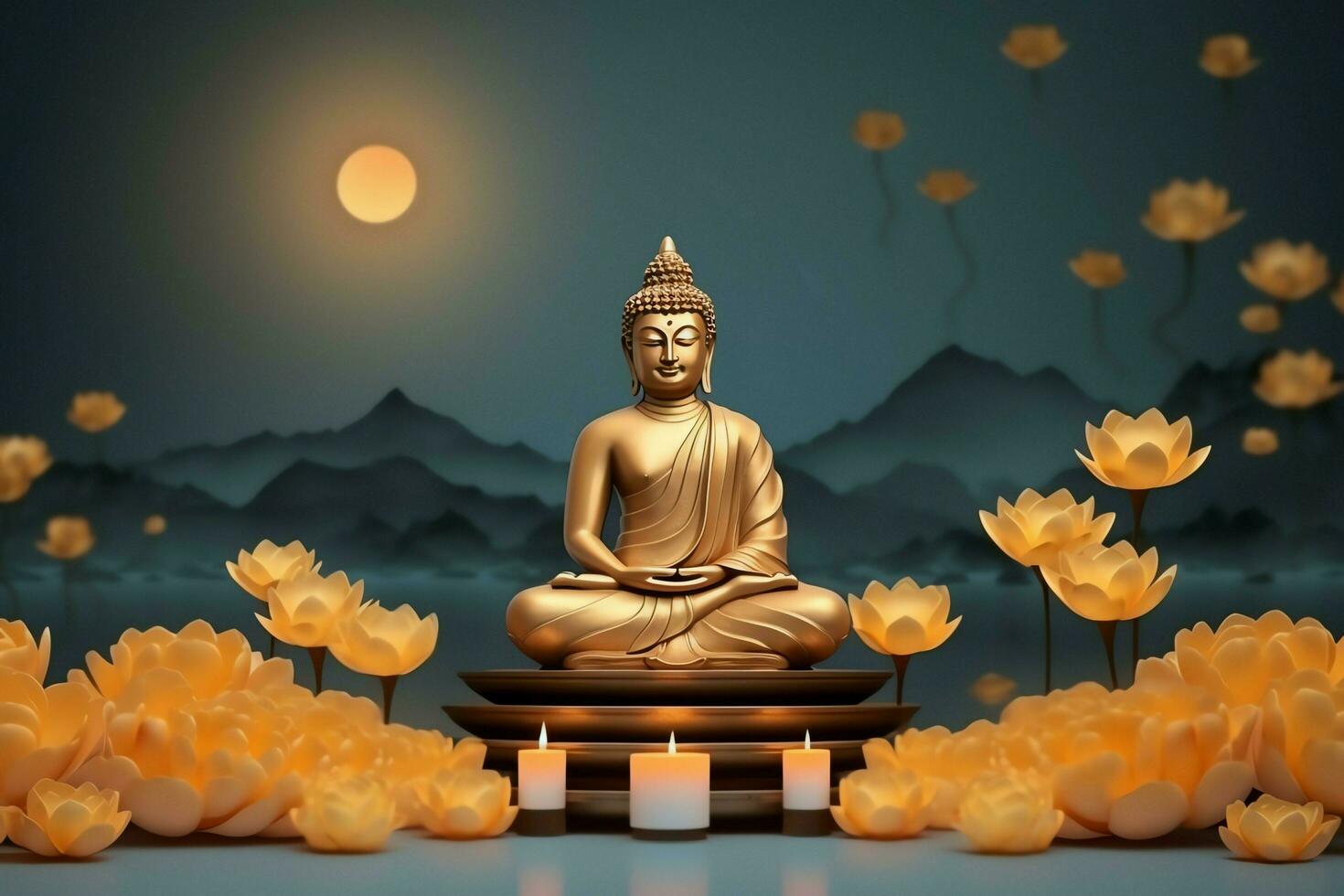 A buddha sits in in vesak buddha purnima day with copy space. Background for vesak festival day concept. Vesak celebration day greetings concept by AI Generated photo