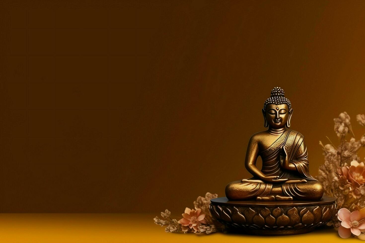 A buddha sits in in vesak buddha purnima day with copy space. Background for vesak festival day concept. Vesak celebration day greetings concept by AI Generated photo
