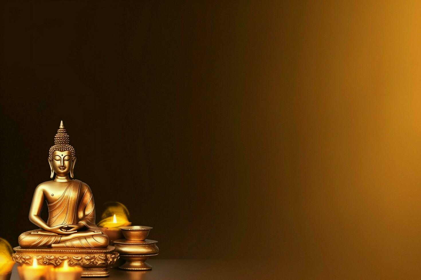 A buddha sits in in vesak buddha purnima day with copy space. Background for vesak festival day concept. Vesak celebration day greetings concept by AI Generated photo