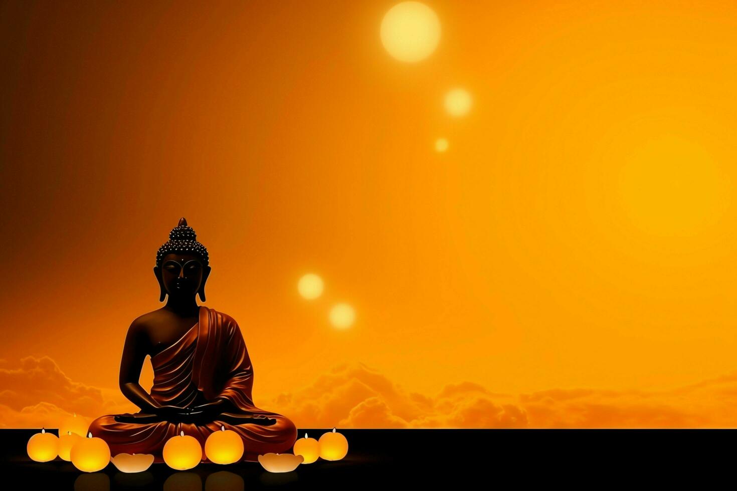A buddha sits in in vesak buddha purnima day with copy space. Background for vesak festival day concept. Vesak celebration day greetings concept by AI Generated photo