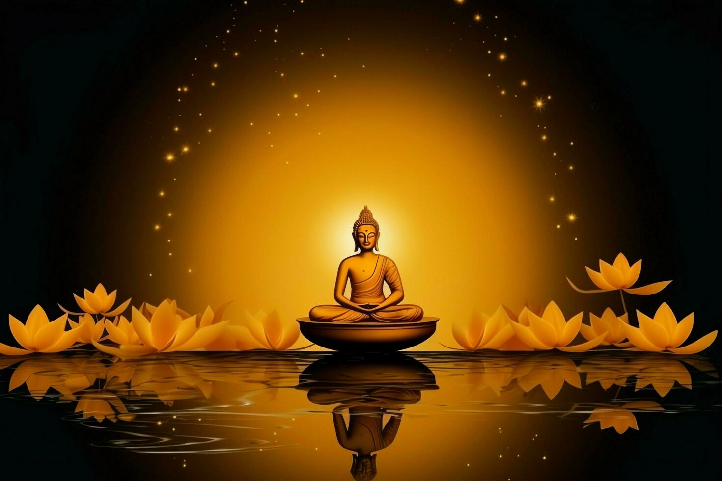 A buddha sits in in vesak buddha purnima day with copy space. Background for vesak festival day concept. Vesak celebration day greetings concept by AI Generated photo