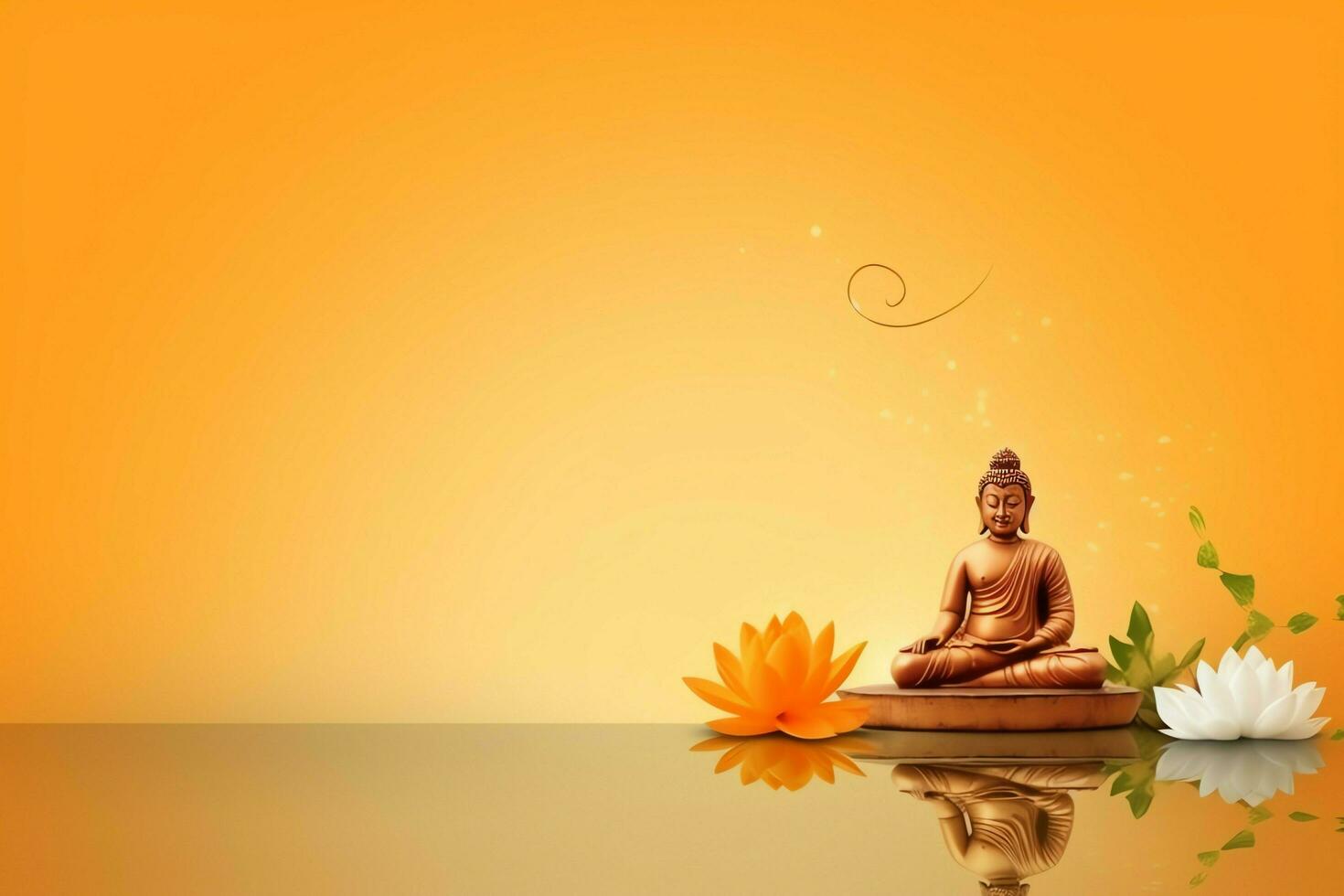 A buddha sits in in vesak buddha purnima day with copy space. Background for vesak festival day concept. Vesak celebration day greetings concept by AI Generated photo