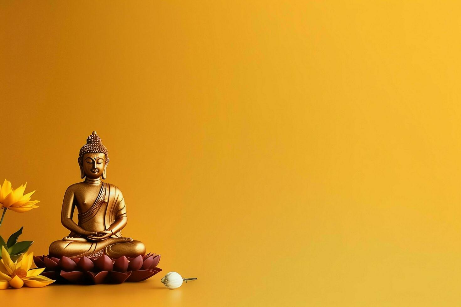A buddha sits in in vesak buddha purnima day with copy space. Background for vesak festival day concept. Vesak celebration day greetings concept by AI Generated photo