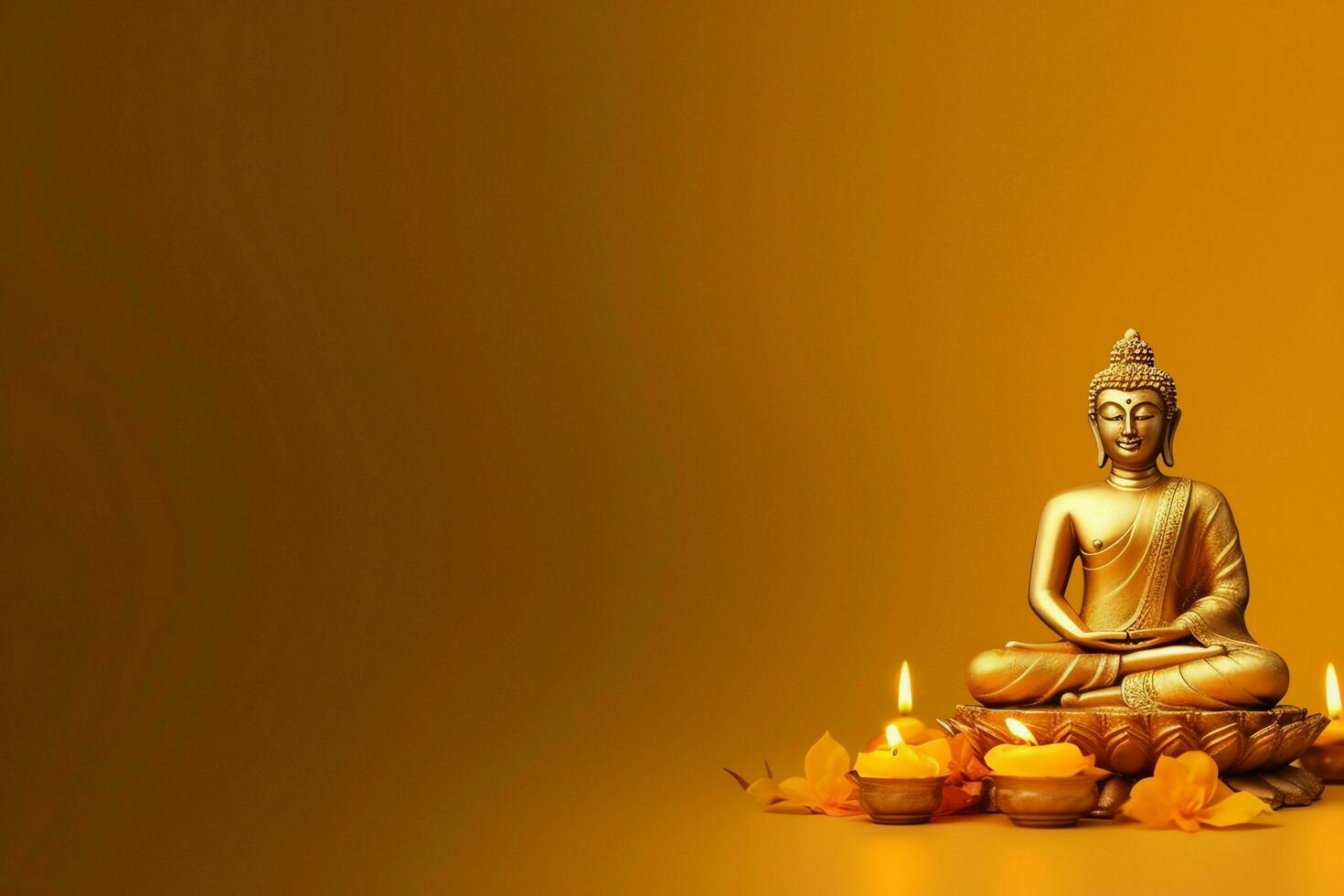 A buddha sits in in vesak buddha purnima day with copy space. Background for vesak festival day concept. Vesak celebration day greetings concept by AI Generated photo