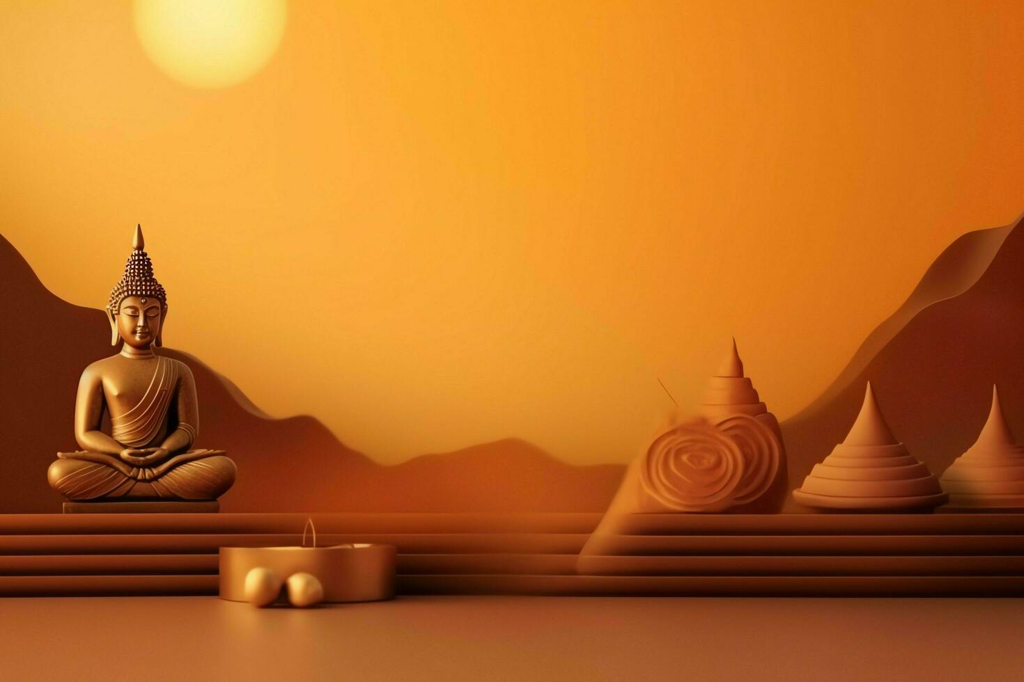 A buddha sits in in vesak buddha purnima day with copy space. Background for vesak festival day concept. Vesak celebration day greetings concept by AI Generated photo
