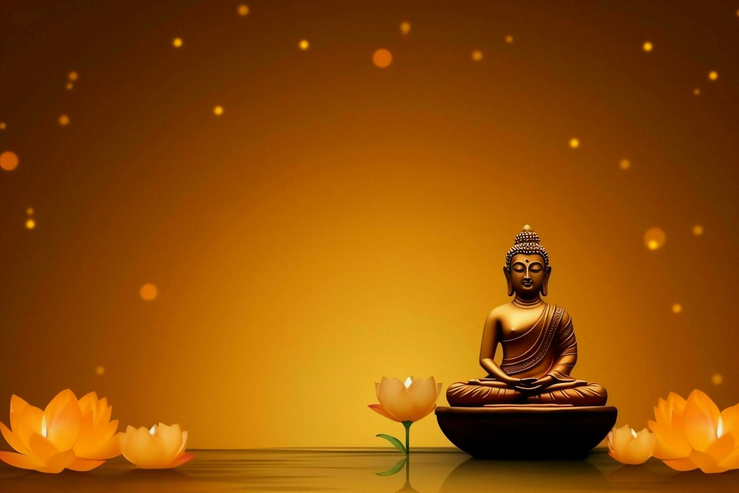 A buddha sits in in vesak buddha purnima day with copy space. Background for vesak festival day concept. Vesak celebration day greetings concept by AI Generated photo
