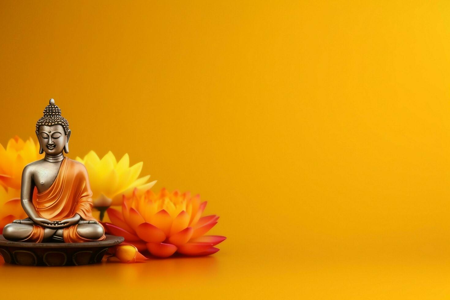 A buddha sits in in vesak buddha purnima day with copy space. Background for vesak festival day concept. Vesak celebration day greetings concept by AI Generated photo
