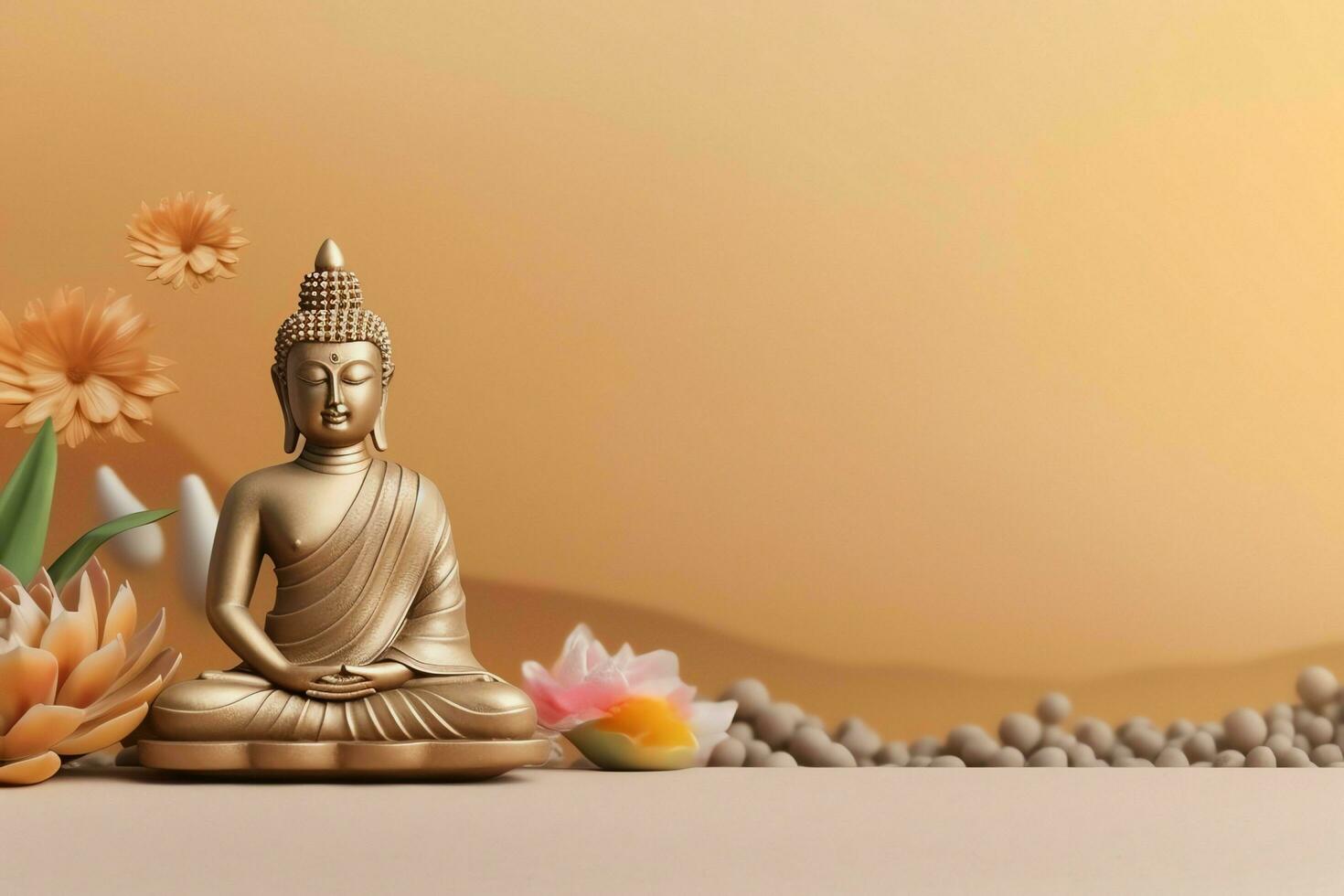 A buddha sits in in vesak buddha purnima day with copy space. Background for vesak festival day concept. Vesak celebration day greetings concept by AI Generated photo