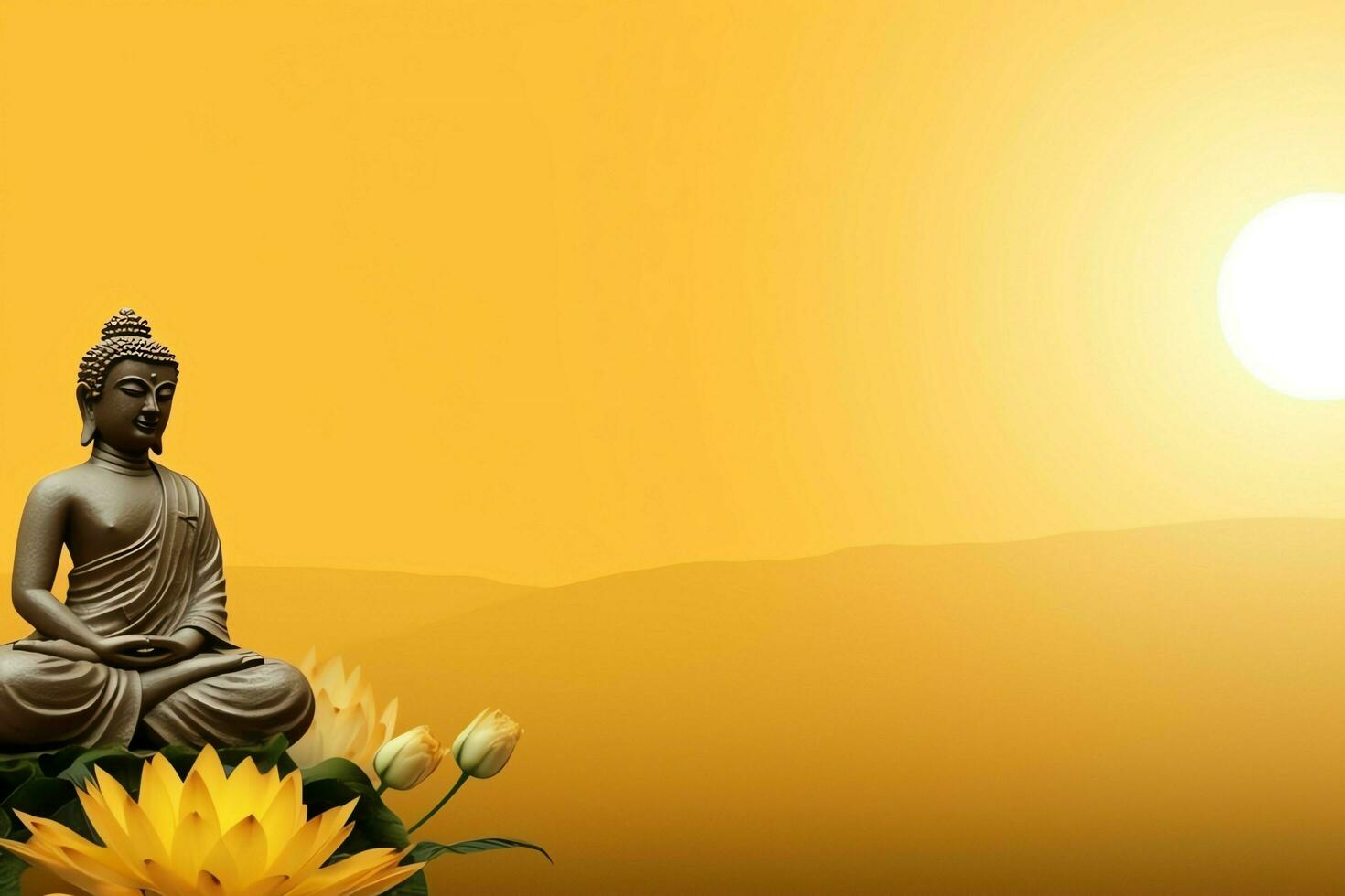 A buddha sits in in vesak buddha purnima day with copy space. Background for vesak festival day concept. Vesak celebration day greetings concept by AI Generated photo