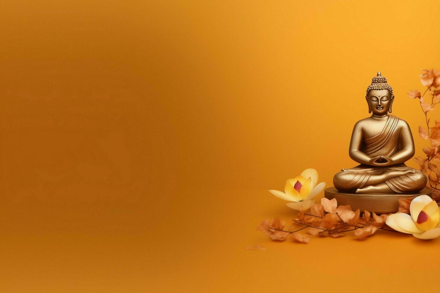 A buddha sits in in vesak buddha purnima day with copy space. Background for vesak festival day concept. Vesak celebration day greetings concept by AI Generated photo