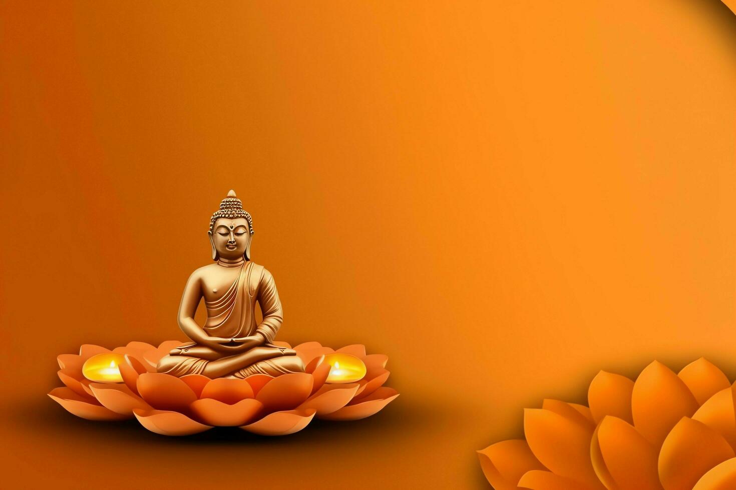 A buddha sits in in vesak buddha purnima day with copy space. Background for vesak festival day concept. Vesak celebration day greetings concept by AI Generated photo