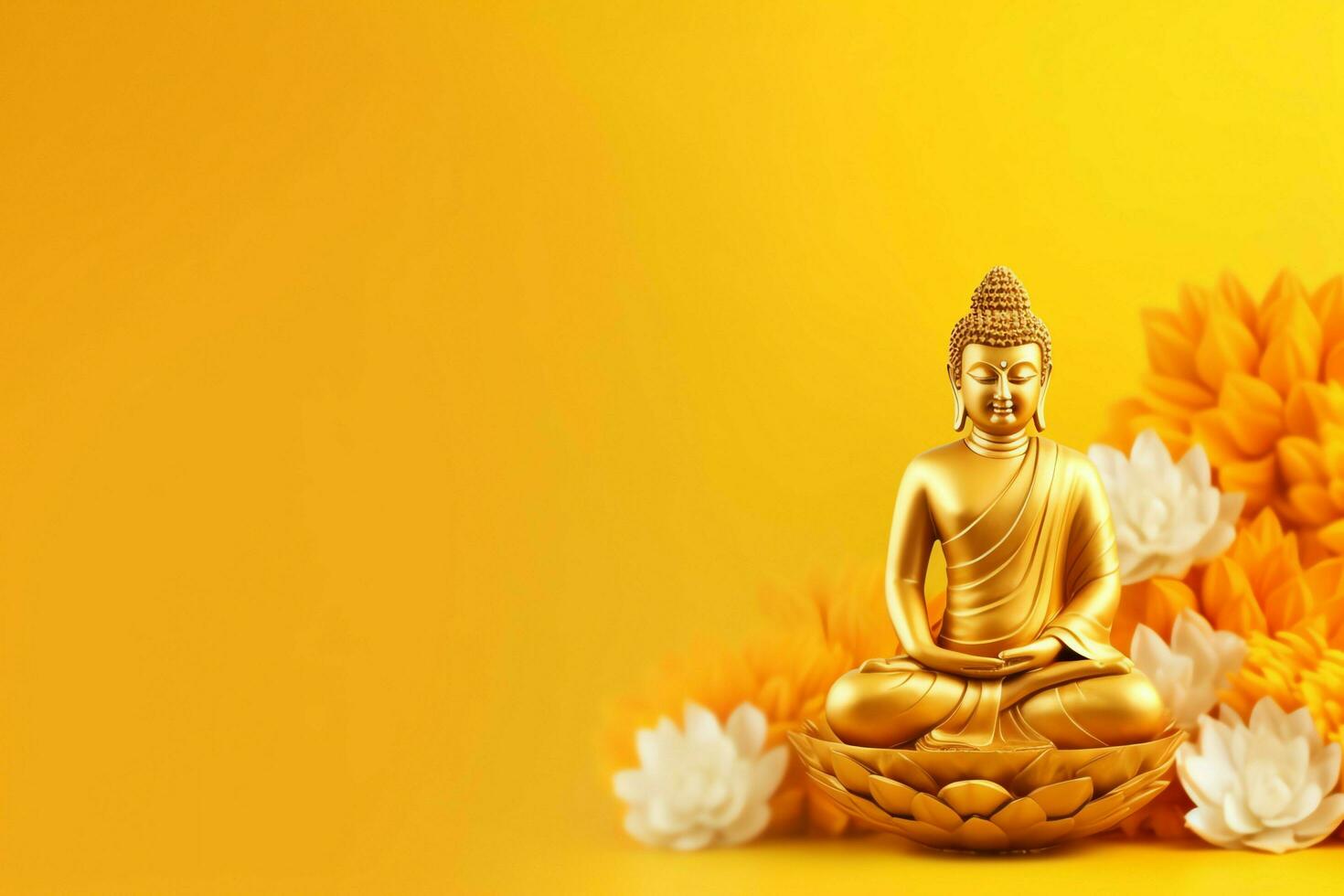 A buddha sits in in vesak buddha purnima day with copy space. Background for vesak festival day concept. Vesak celebration day greetings concept by AI Generated photo