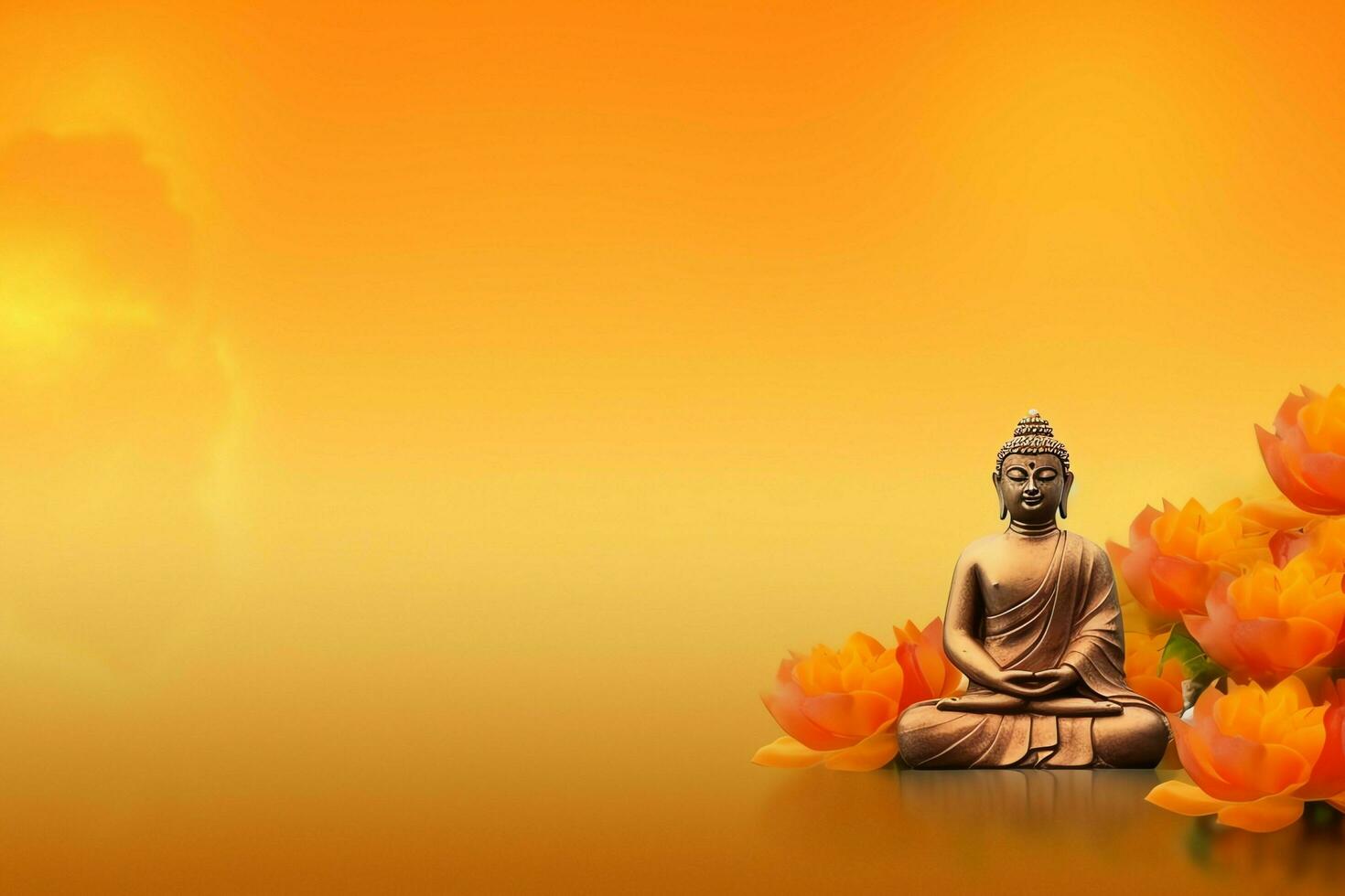 A buddha sits in in vesak buddha purnima day with copy space. Background for vesak festival day concept. Vesak celebration day greetings concept by AI Generated photo