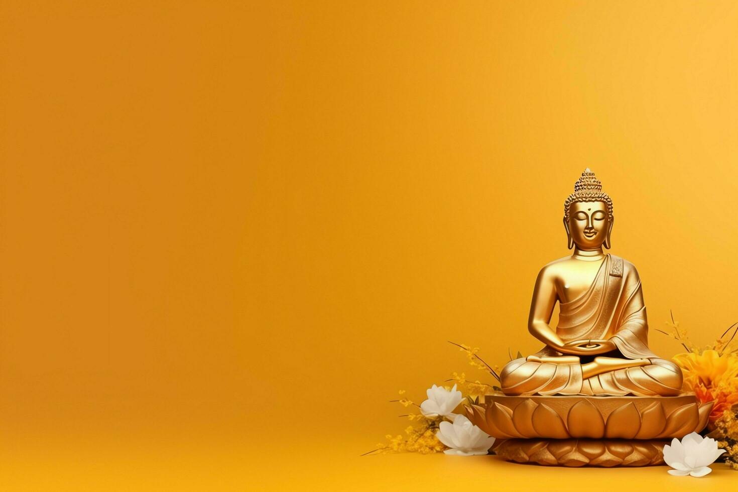 A buddha sits in in vesak buddha purnima day with copy space. Background for vesak festival day concept. Vesak celebration day greetings concept by AI Generated photo