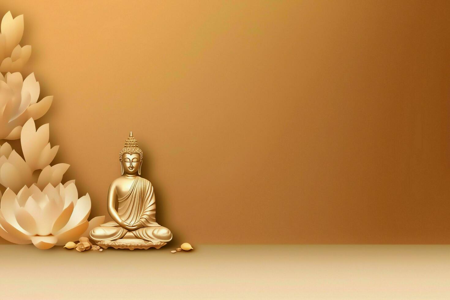 A buddha sits in in vesak buddha purnima day with copy space. Background for vesak festival day concept. Vesak celebration day greetings concept by AI Generated photo