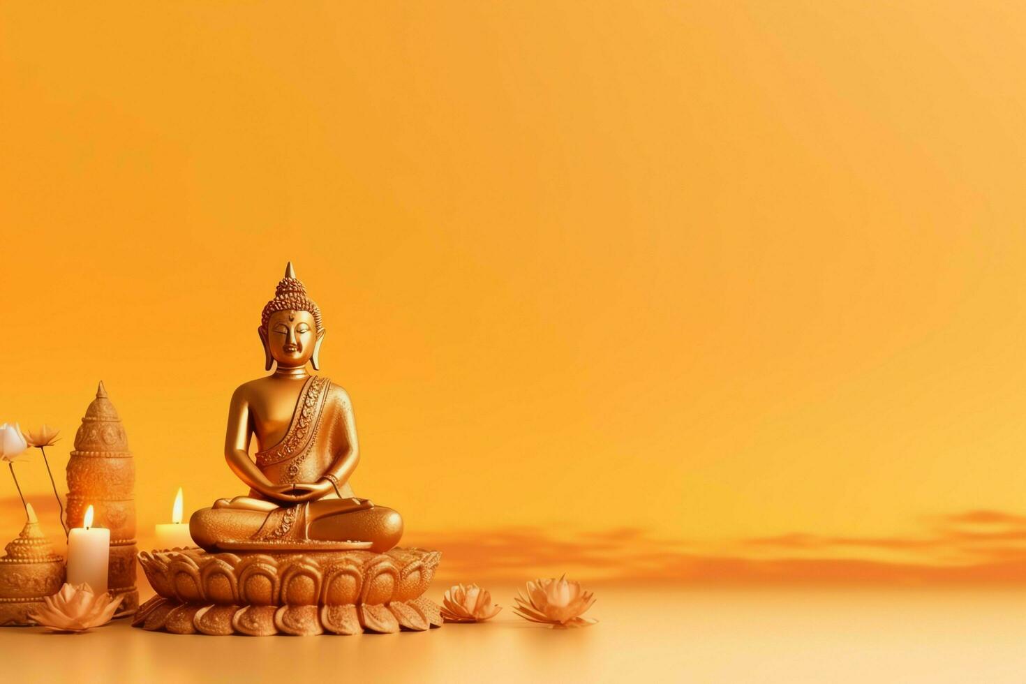 A buddha sits in in vesak buddha purnima day with copy space. Background for vesak festival day concept. Vesak celebration day greetings concept by AI Generated photo