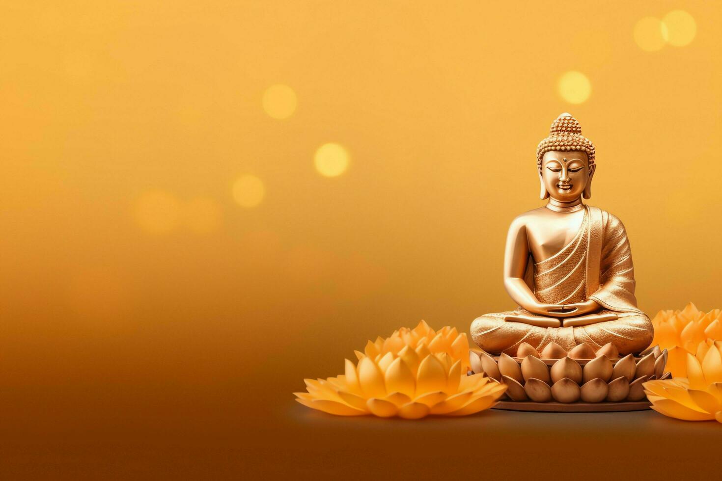 A buddha sits in in vesak buddha purnima day with copy space. Background for vesak festival day concept. Vesak celebration day greetings concept by AI Generated photo