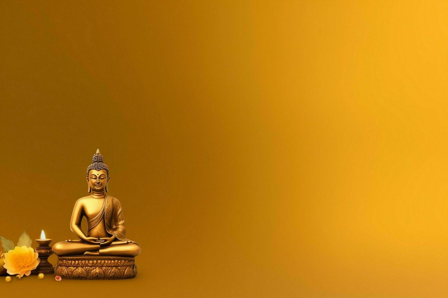 A buddha sits in in vesak buddha purnima day with copy space. Background for vesak festival day concept. Vesak celebration day greetings concept by AI Generated photo