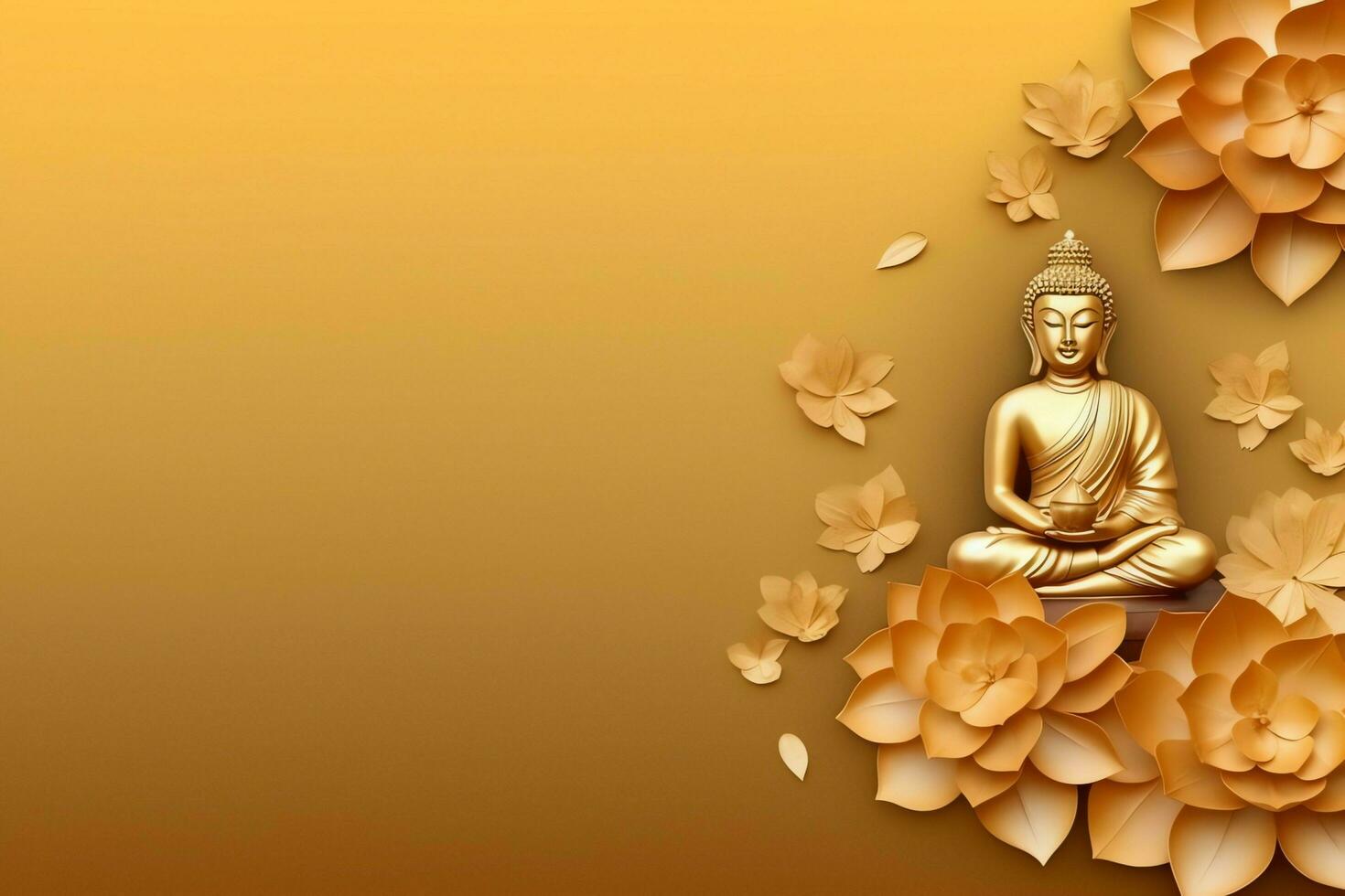 A buddha sits in in vesak buddha purnima day with copy space. Background for vesak festival day concept. Vesak celebration day greetings concept by AI Generated photo