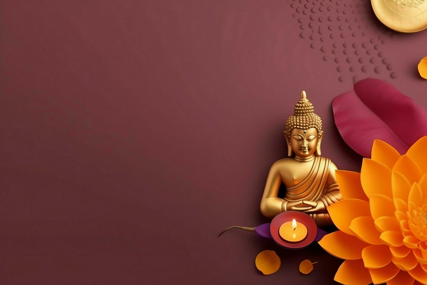 A buddha sits in in vesak buddha purnima day with copy space. Background for vesak festival day concept. Vesak celebration day greetings concept by AI Generated photo