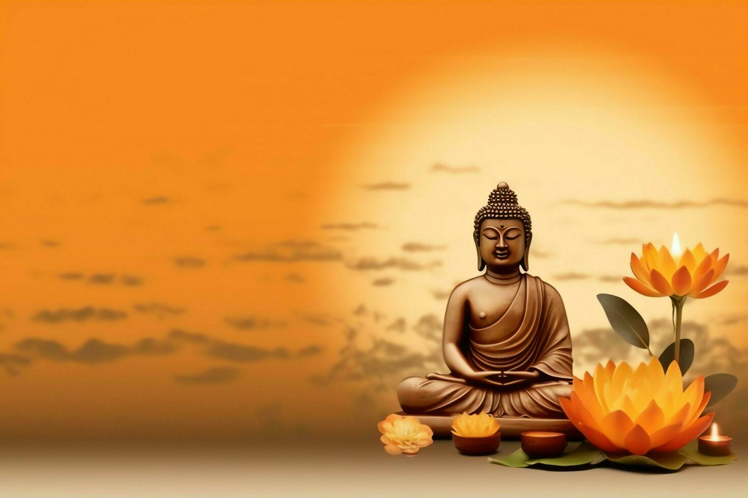 A buddha sits in in vesak buddha purnima day with copy space. Background for vesak festival day concept. Vesak celebration day greetings concept by AI Generated photo