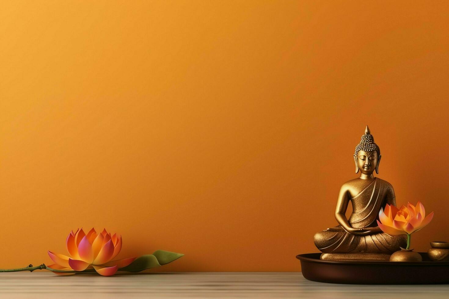 A buddha sits in in vesak buddha purnima day with copy space. Background for vesak festival day concept. Vesak celebration day greetings concept by AI Generated photo