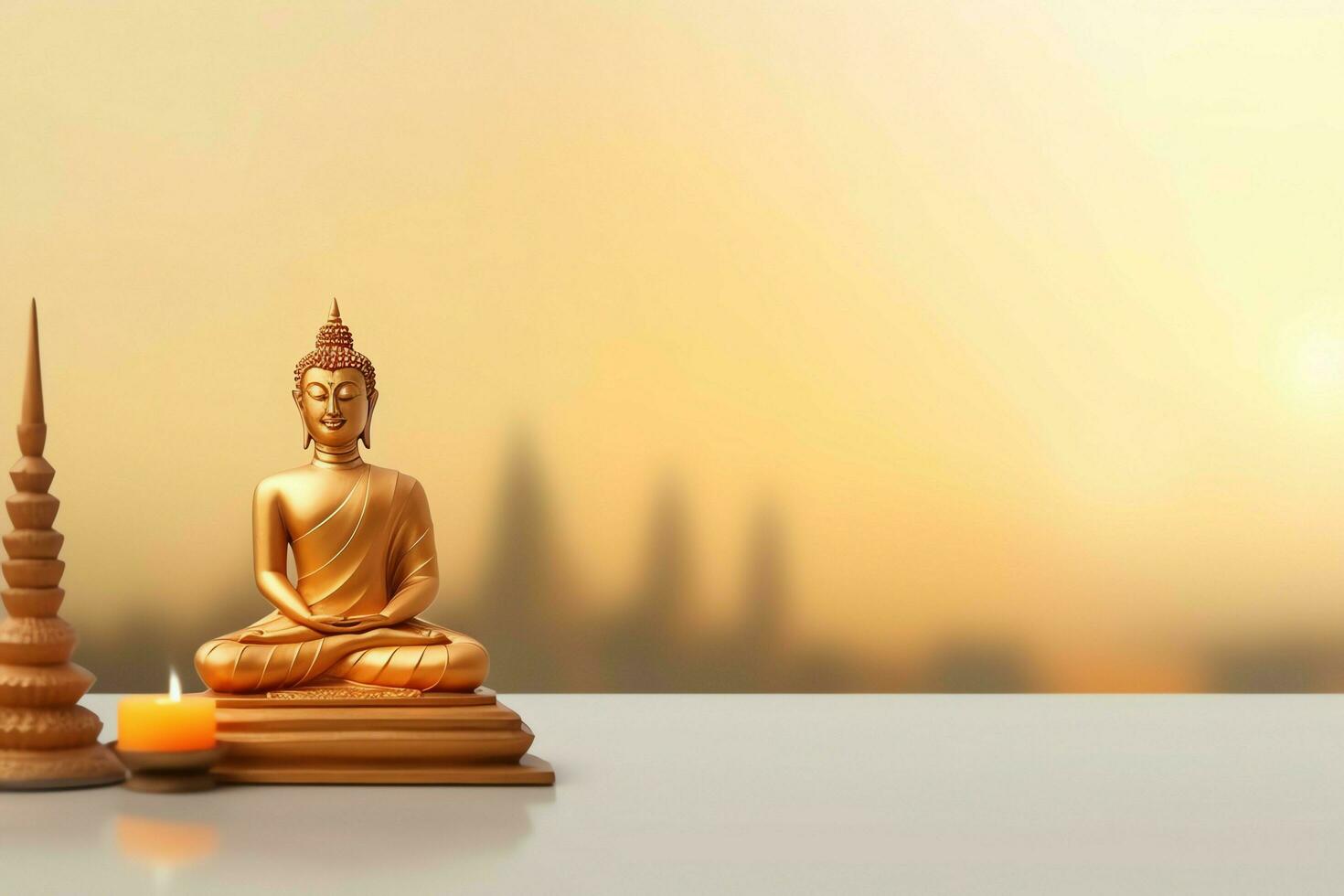 A buddha sits in in vesak buddha purnima day with copy space. Background for vesak festival day concept. Vesak celebration day greetings concept by AI Generated photo