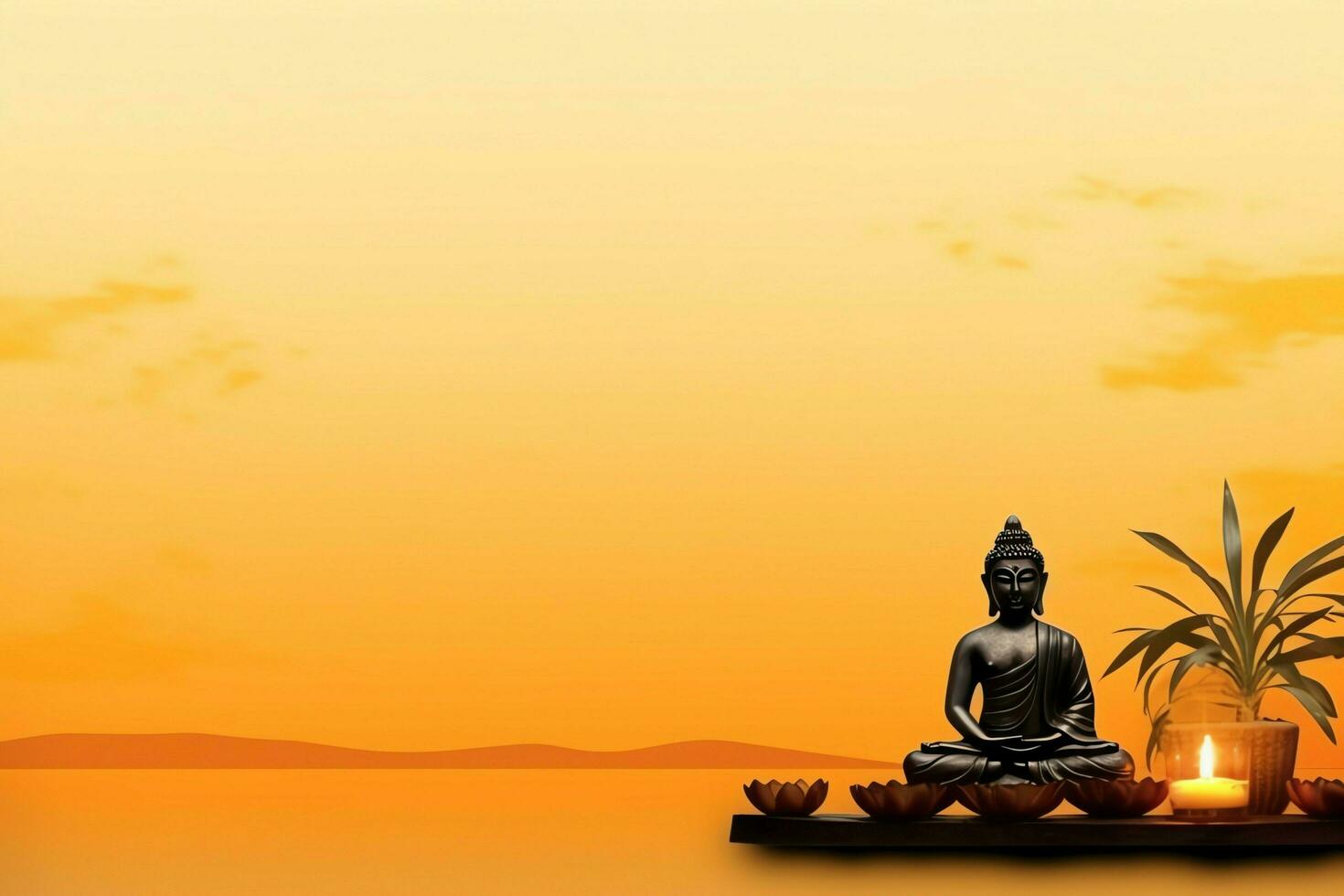 A buddha sits in in vesak buddha purnima day with copy space. Background for vesak festival day concept. Vesak celebration day greetings concept by AI Generated photo