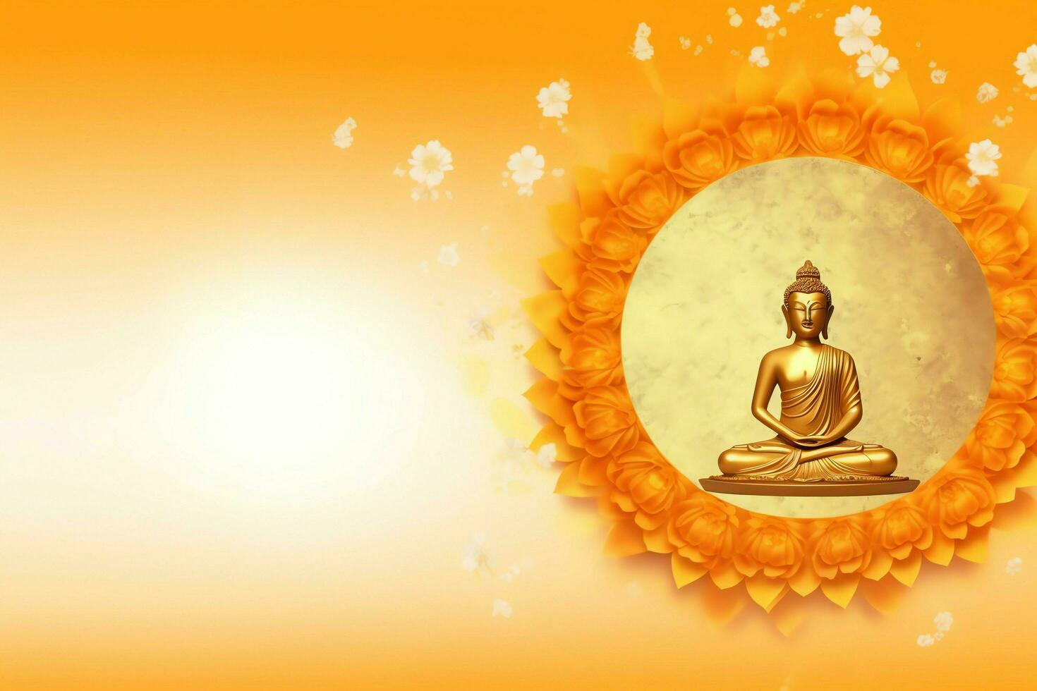 A buddha sits in in vesak buddha purnima day with copy space. Background for vesak festival day concept. Vesak celebration day greetings concept by AI Generated photo