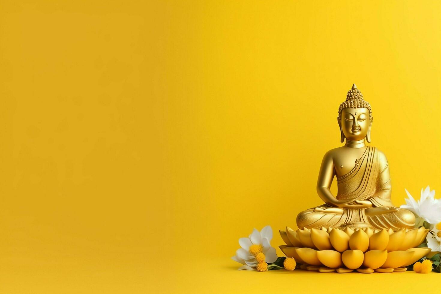 A buddha sits in in vesak buddha purnima day with copy space. Background for vesak festival day concept. Vesak celebration day greetings concept by AI Generated photo
