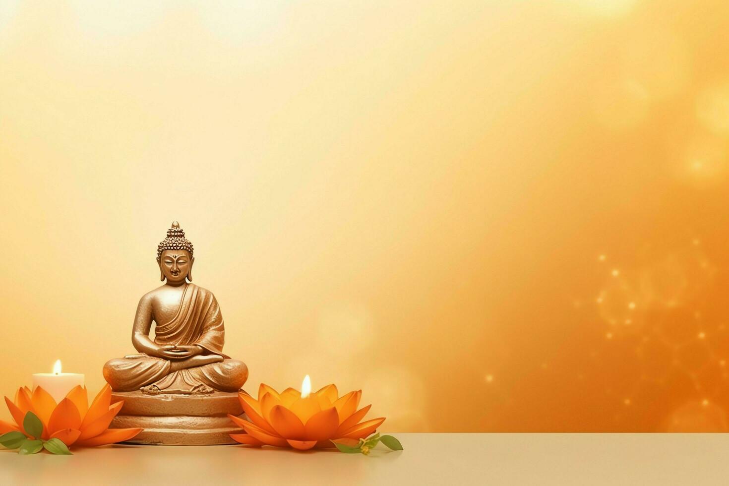A buddha sits in in vesak buddha purnima day with copy space. Background for vesak festival day concept. Vesak celebration day greetings concept by AI Generated photo