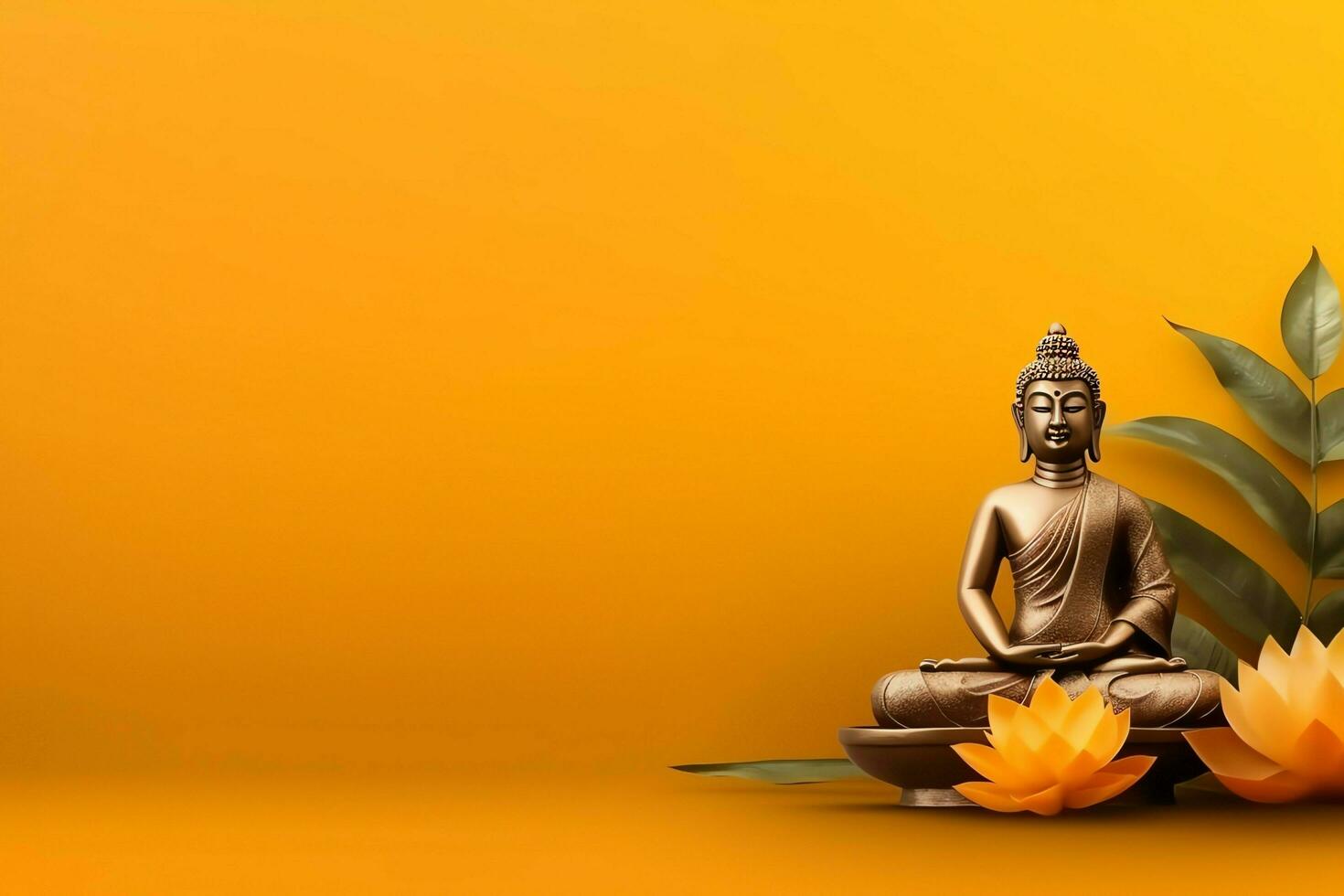 A buddha sits in in vesak buddha purnima day with copy space. Background for vesak festival day concept. Vesak celebration day greetings concept by AI Generated photo