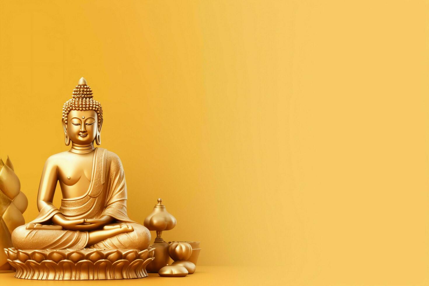A buddha sits in in vesak buddha purnima day with copy space. Background for vesak festival day concept. Vesak celebration day greetings concept by AI Generated photo
