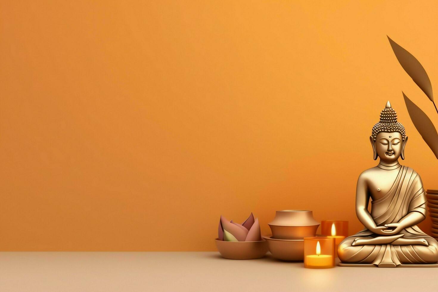 A buddha sits in in vesak buddha purnima day with copy space. Background for vesak festival day concept. Vesak celebration day greetings concept by AI Generated photo