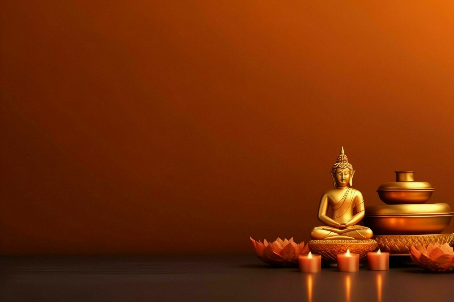A buddha sits in in vesak buddha purnima day with copy space. Background for vesak festival day concept. Vesak celebration day greetings concept by AI Generated photo