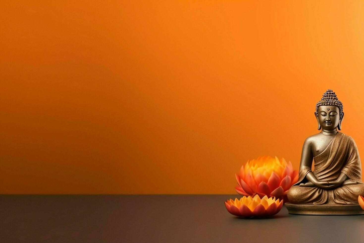 A buddha sits in in vesak buddha purnima day with copy space. Background for vesak festival day concept. Vesak celebration day greetings concept by AI Generated photo