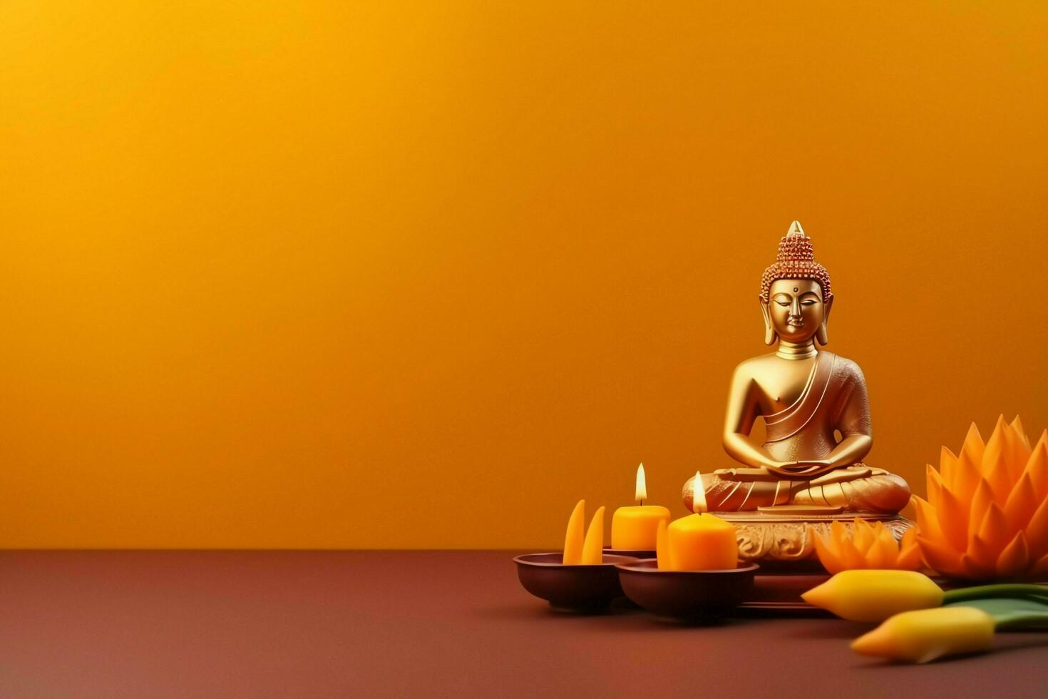 A buddha sits in in vesak buddha purnima day with copy space. Background for vesak festival day concept. Vesak celebration day greetings concept by AI Generated photo