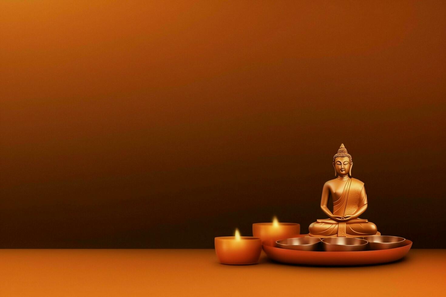 A buddha sits in in vesak buddha purnima day with copy space. Background for vesak festival day concept. Vesak celebration day greetings concept by AI Generated photo