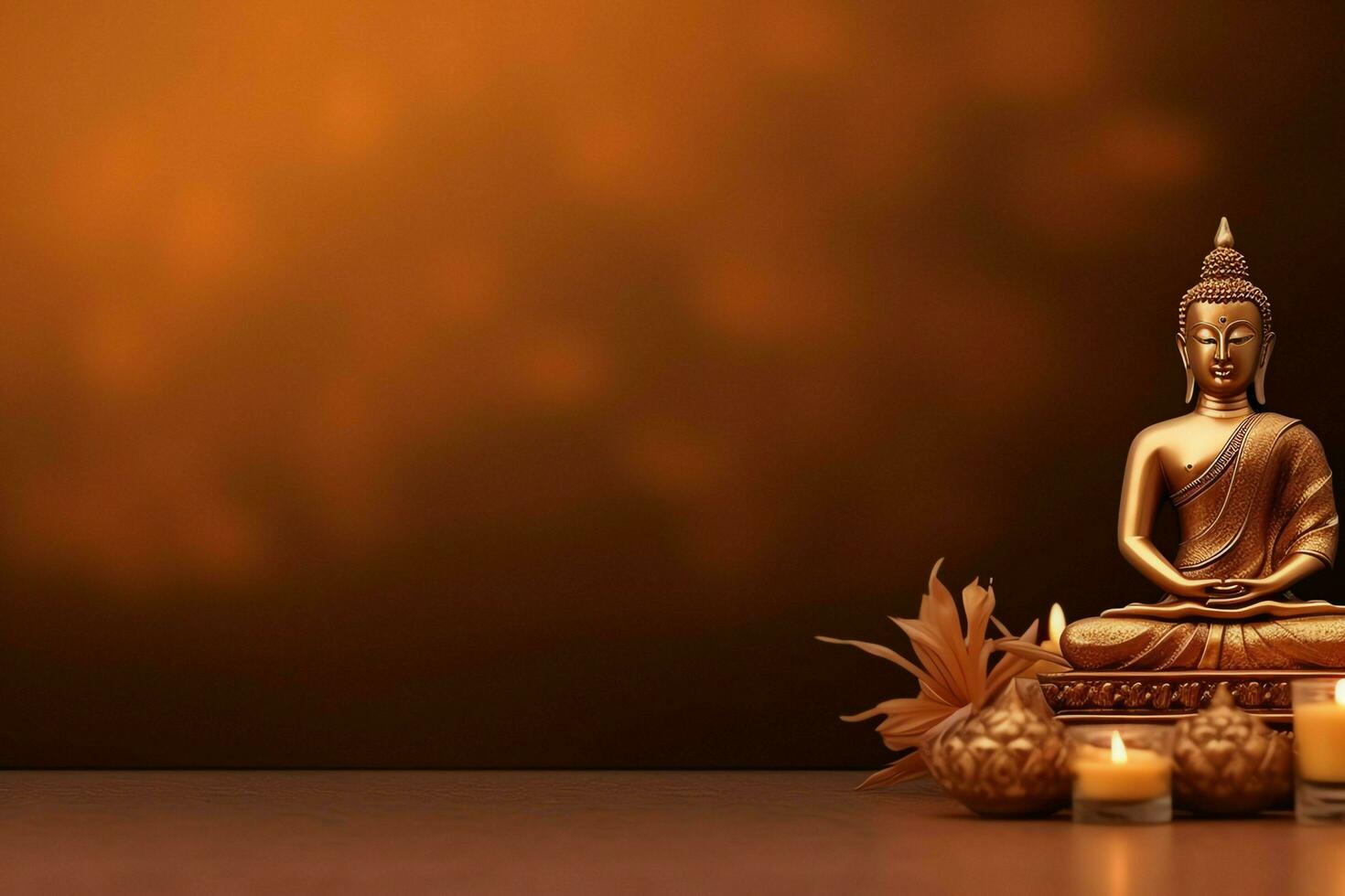 A buddha sits in in vesak buddha purnima day with copy space. Background for vesak festival day concept. Vesak celebration day greetings concept by AI Generated photo