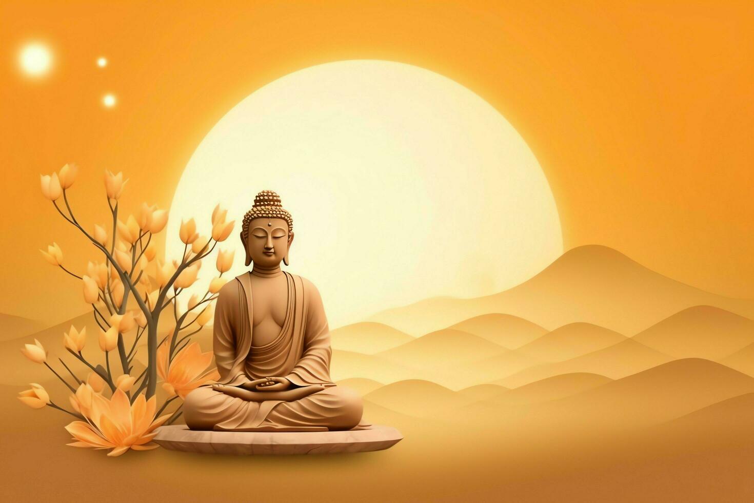 A buddha sits in in vesak buddha purnima day with copy space. Background for vesak festival day concept. Vesak celebration day greetings concept by AI Generated photo