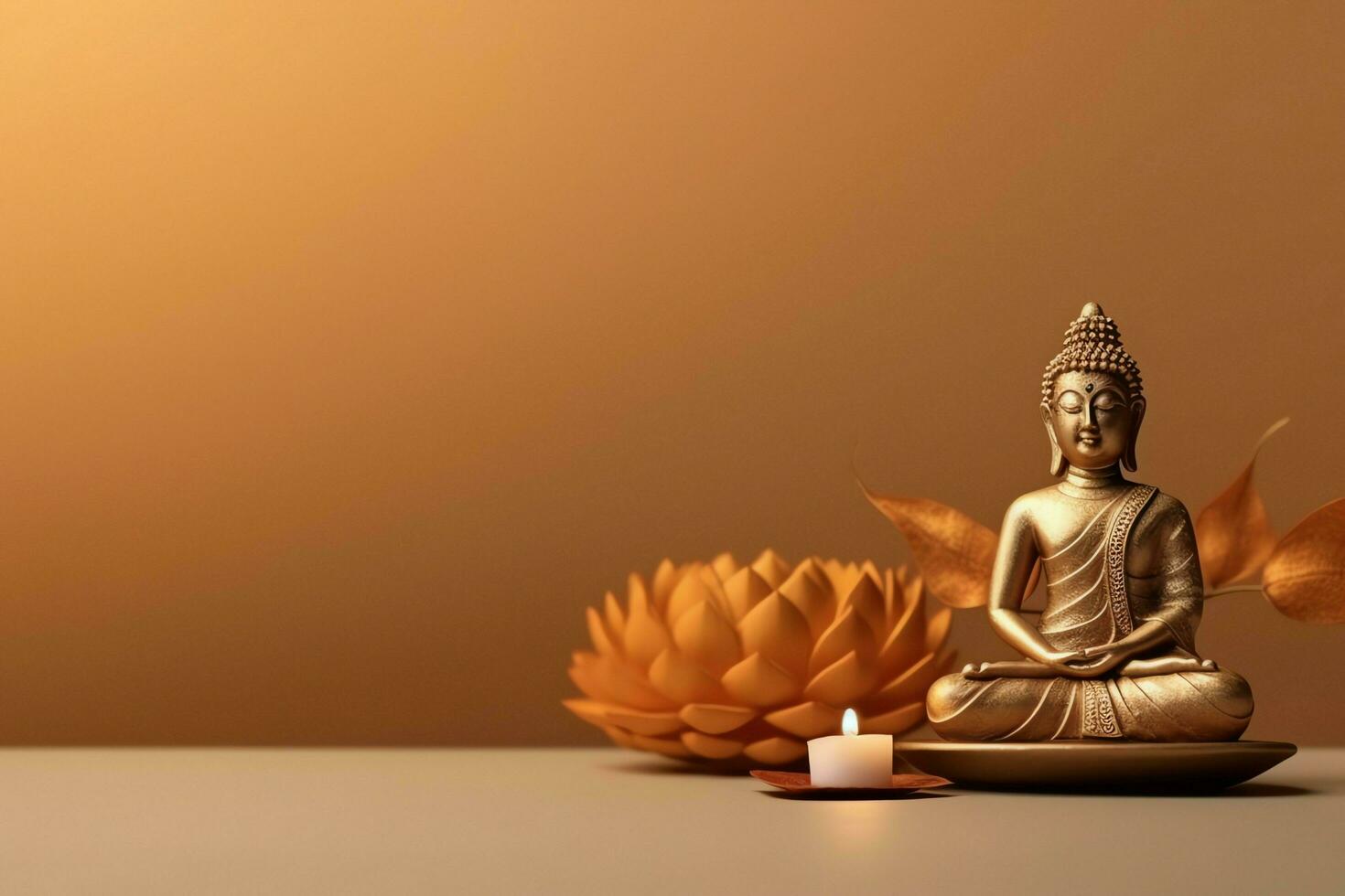 A buddha sits in in vesak buddha purnima day with copy space. Background for vesak festival day concept. Vesak celebration day greetings concept by AI Generated photo