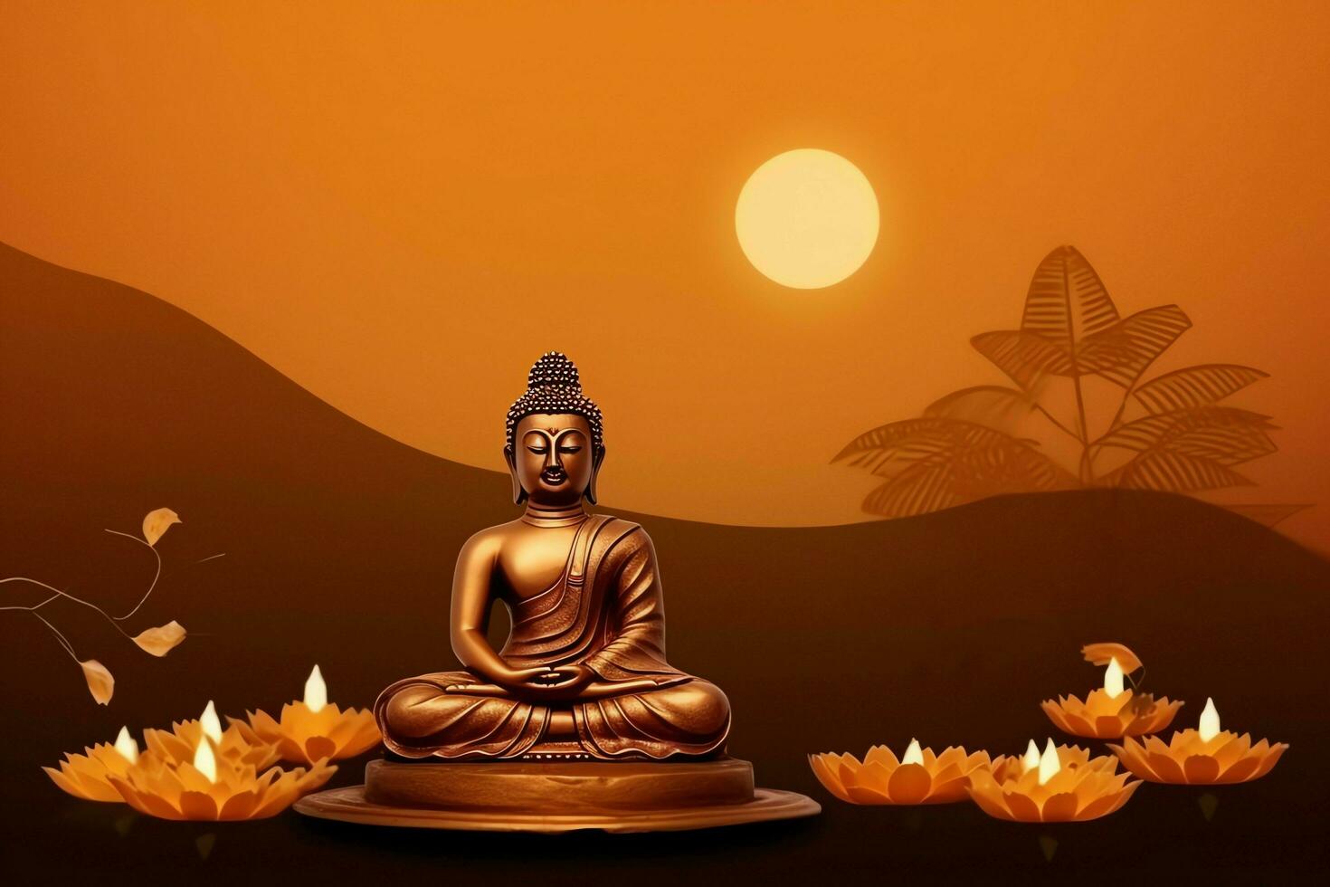 A buddha sits in in vesak buddha purnima day with copy space. Background for vesak festival day concept. Vesak celebration day greetings concept by AI Generated photo