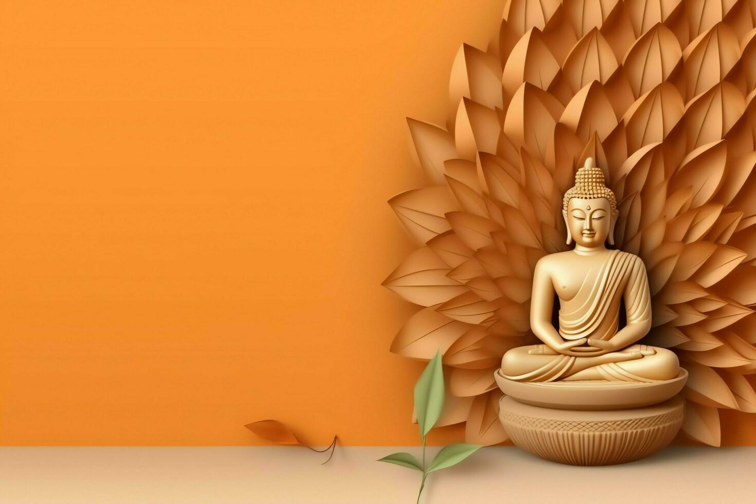 A buddha sits in in vesak buddha purnima day with copy space. Background for vesak festival day concept. Vesak celebration day greetings concept by AI Generated photo