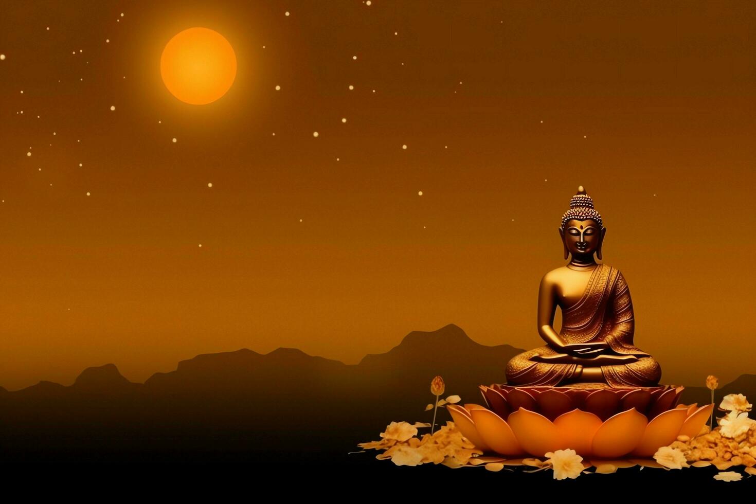 A buddha sits in in vesak buddha purnima day with copy space. Background for vesak festival day concept. Vesak celebration day greetings concept by AI Generated photo