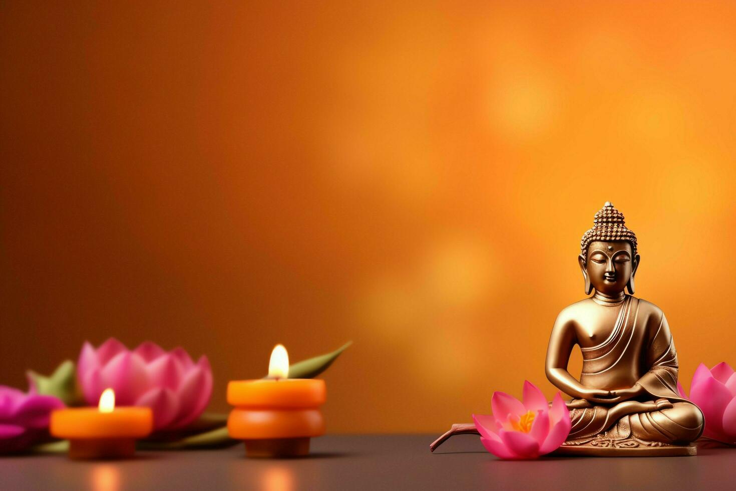 A buddha sits in in vesak buddha purnima day with copy space. Background for vesak festival day concept. Vesak celebration day greetings concept by AI Generated photo