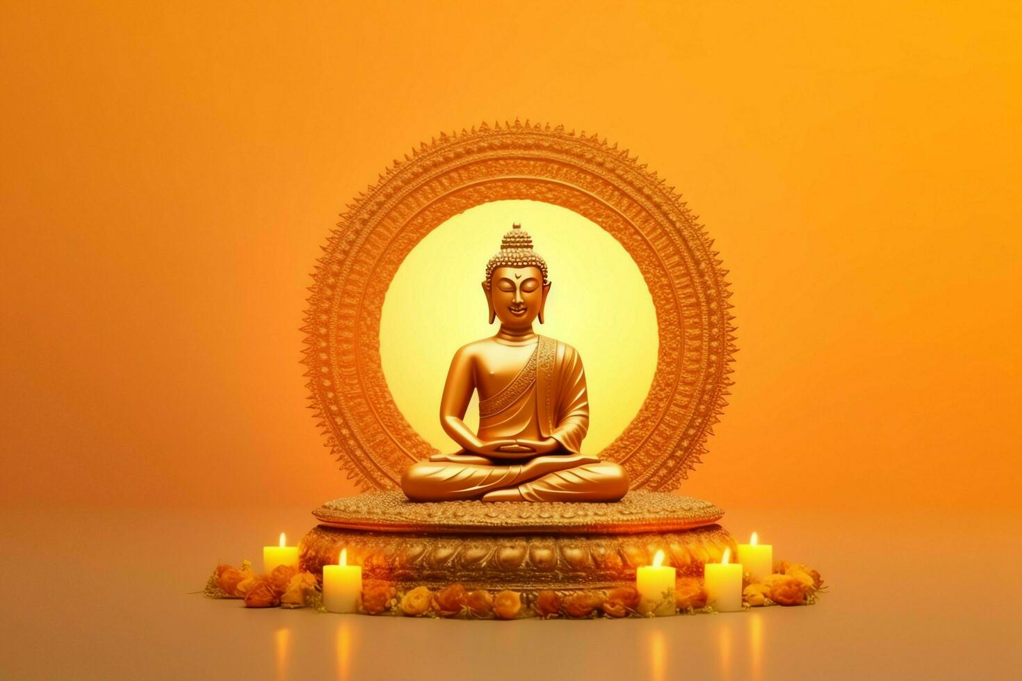 A buddha sits in in vesak buddha purnima day with copy space. Background for vesak festival day concept. Vesak celebration day greetings concept by AI Generated photo